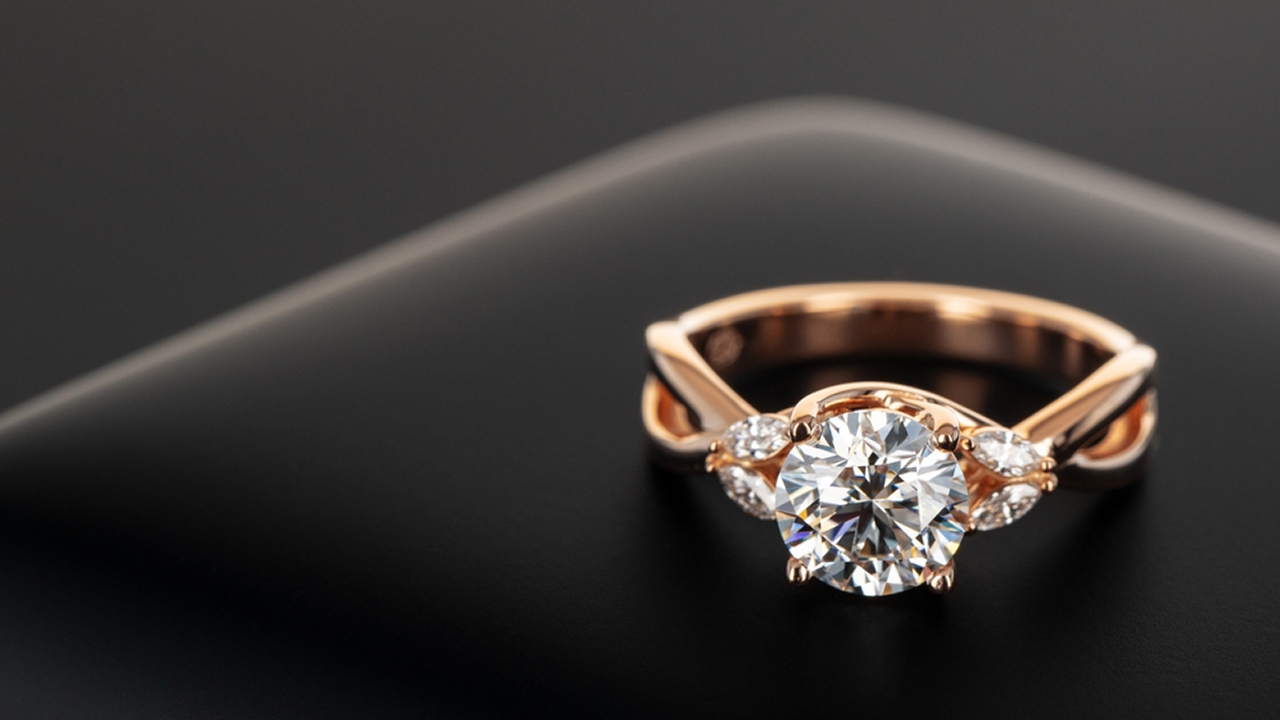 Elegant rose gold engagement ring resting on a sleek black surface, featuring a round brilliant center diamond, marquise-cut side stones, and an intricate twisted band.
