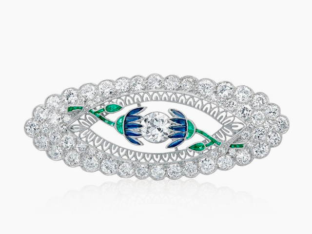 Estate Platinum, Diamond, Sapphire & Emerald Art Deco Flower Brooch
