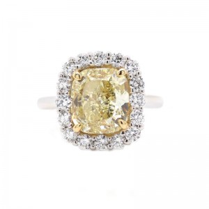 3.02ct Platinum and Yellow Gold Cushion Cut Halo Fancy Yellow Diamond Ring