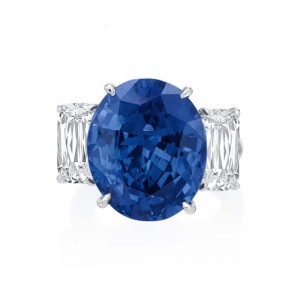 Platinum 3-Stone 15.94ct Oval Cut Sapphire Ring with Diamonds