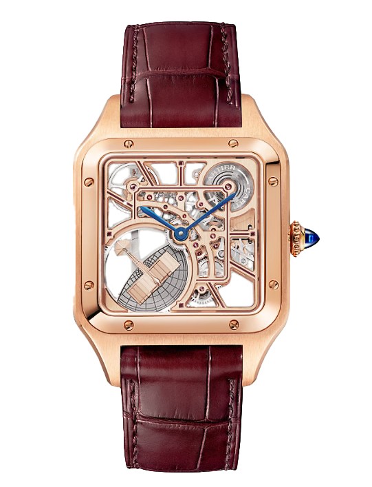 Cartier Santos-Dumont Skeleton Watch Equipped with a Micro-Rotor,  Automatic Movement, Rose Gold & Leather