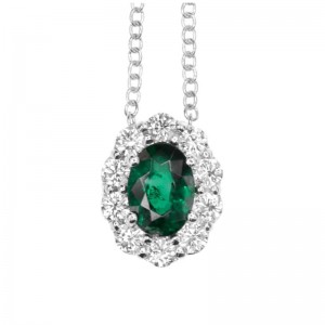 White Gold Emerald Oval Cut Pendant with 0.38ctw Diamonds