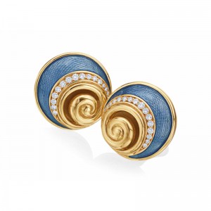 Leo De Vroomen Yellow Gold Spiral Cornflower Enamel Yellow Gold Diamond Earrings