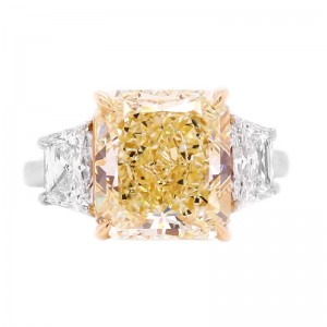 Platinum & Yellow Gold 3-Stone Radiant Cut Fancy Yellow Diamond Engagement Ring with 5.51ct Center