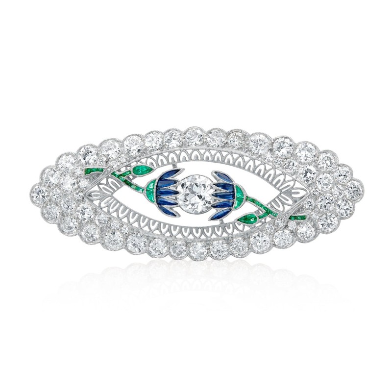 Platinum, Diamond, Sapphire & Emerald Art Deco Flower Brooch