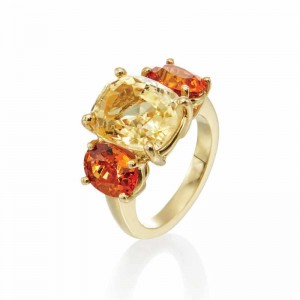 Yellow Gold 3-Stone Cushion Cut Yellow Sapphire and Mandarin Garnet Ring with 9.24ct Center