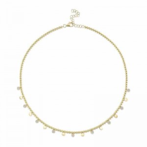 Yellow Gold Diamond Pave Circle Bead Chain Necklace