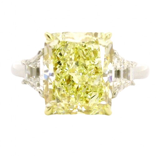 Rahaminov Platinum 3-Stone Radiant Cut 5.73 Carat Fancy Yellow Diamond Ring
