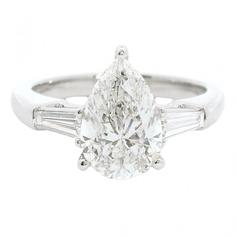 Platinum 3-Stone Pear Shape Diamond Engagement Ring with 2.10 Carat Center