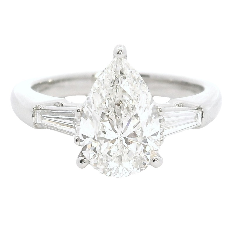 Platinum 3-Stone Pear Shape Diamond Engagement Ring with 2.10 Carat Center