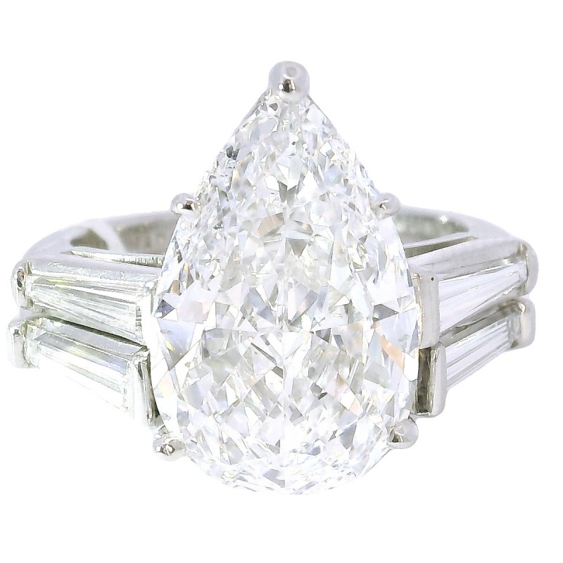 5.04 Carat Platinum Pear Shape Diamond Engagement Ring with Tapered Baguettes & Matching Band