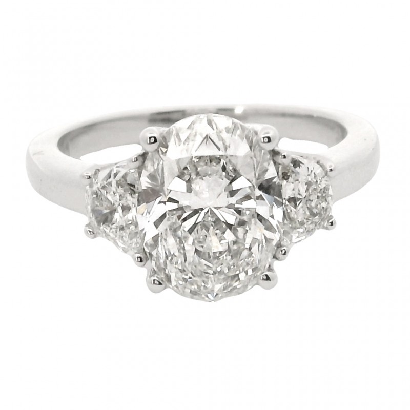 Platinum 3-Stone Oval Cut Diamond Engagement Ring with a 2.50 Carat Center