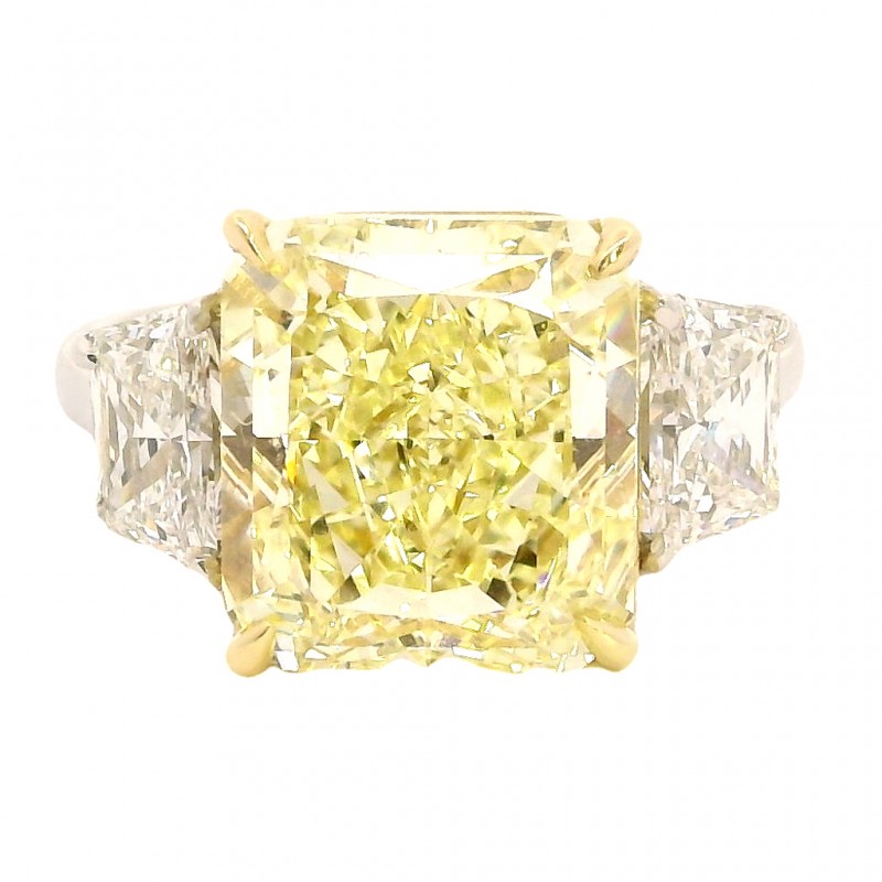 Platinum  & 18k Yellow Gold 3-Stone Radiant Cut Fancy Yellow Diamond Engagement Ring with 5.51ct Center