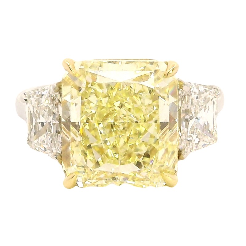 Platinum  & 18k Yellow Gold 3-Stone Radiant Cut Fancy Yellow Diamond Engagement Ring with 5.51ct Center