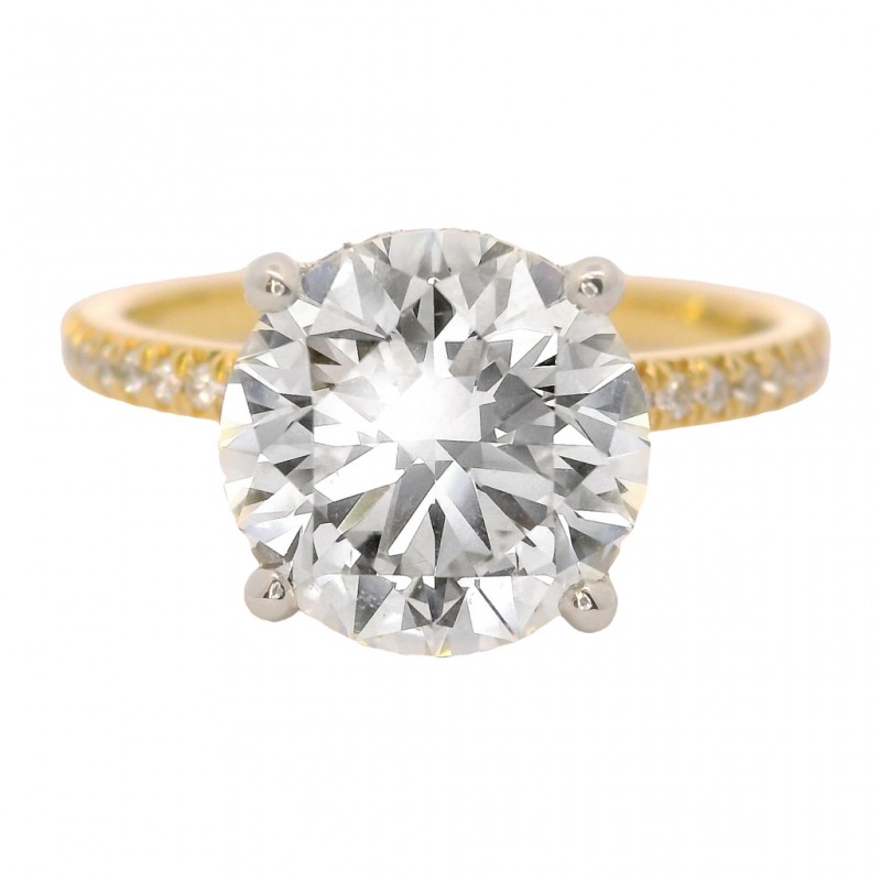 3.01 Carat 18k Yellow Gold Thin Diamond Shank Round Brilliant Cut Diamond Engagement Ring