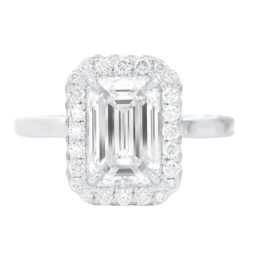 18k White Gold 1.80 Carat Emerald Cut Diamond Halo Ring