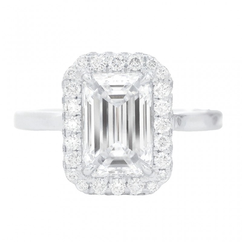 18k White Gold 1.80 Carat Emerald Cut Diamond Halo Ring