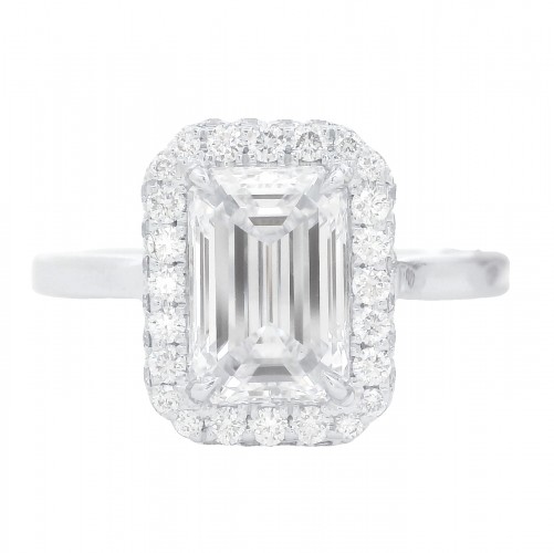 18k White Gold 1.80 Carat Emerald Cut Diamond Halo Ring
