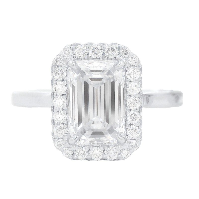 18k White Gold 1.80 Carat Emerald Cut Diamond Halo Ring