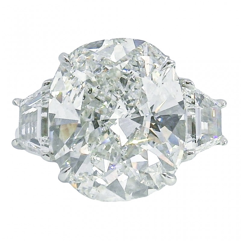 Rahaminov Platinum 3-Stone Diamond Engagement Ring with 8.09 Carat Cushion Cut Center Stone