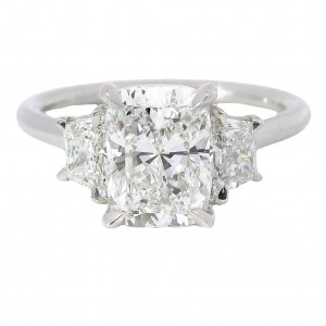 Platinum 3-Stone Cushion Cut Diamond Engagement Ring with 2.07 Carat Center Stone