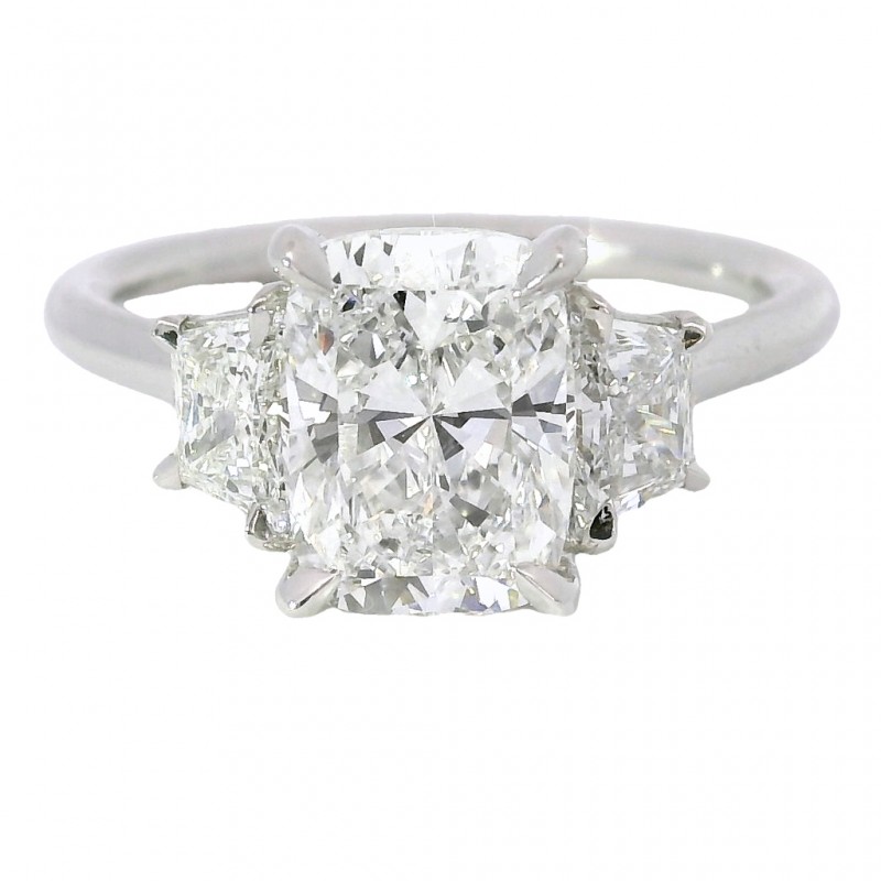 Platinum 3-Stone Cushion Cut Diamond Engagement Ring with 2.07 Carat Center Stone