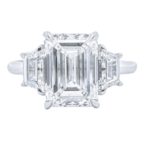 Platinum 3-Stone Emerald Cut Diamond Engagement Ring with 3.50 Carat Center