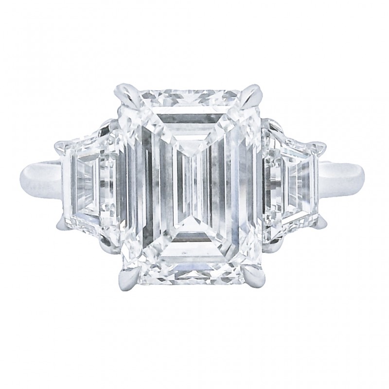 Platinum 3-Stone Emerald Cut Diamond Engagement Ring with 3.50 Carat Center