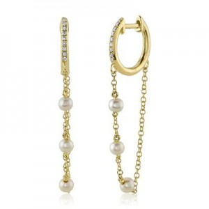 Yellow Gold Diamond & Cultured Pearl Huggie Dangle Earrings