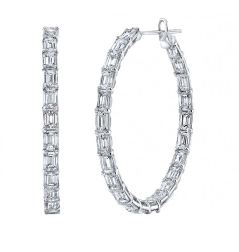 Rahaminov 18k White Gold & Emerald Cut Diamond Hoops