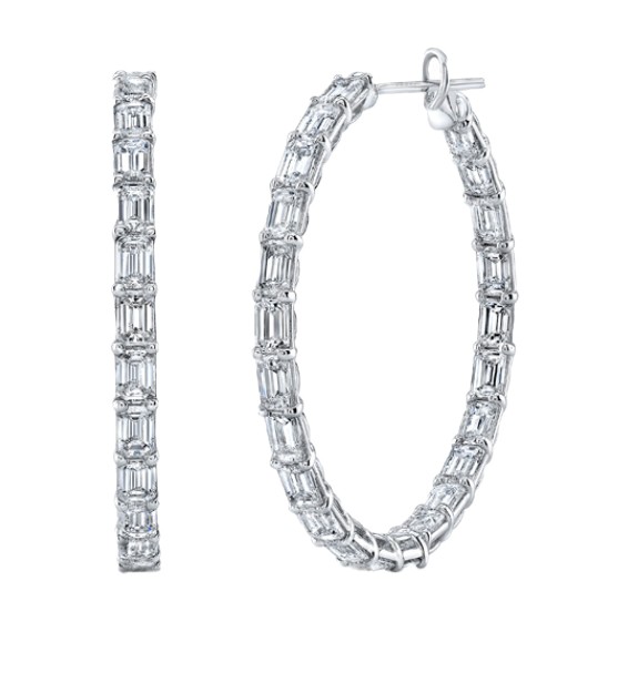Rahaminov 18k White Gold & Emerald Cut Diamond Hoops