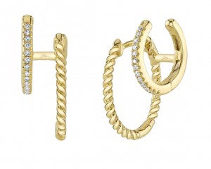 14k Yellow Gold & Diamond Double Huggie Earring with Twist Detail