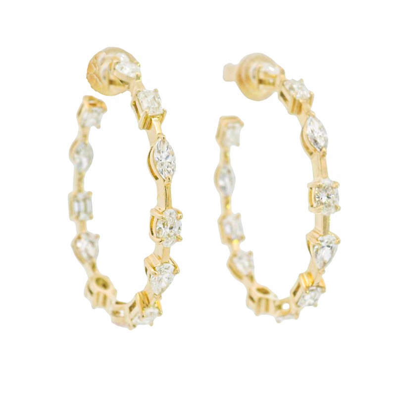 18k Yellow Gold Mixed Diamond Shape Hoop Earrings