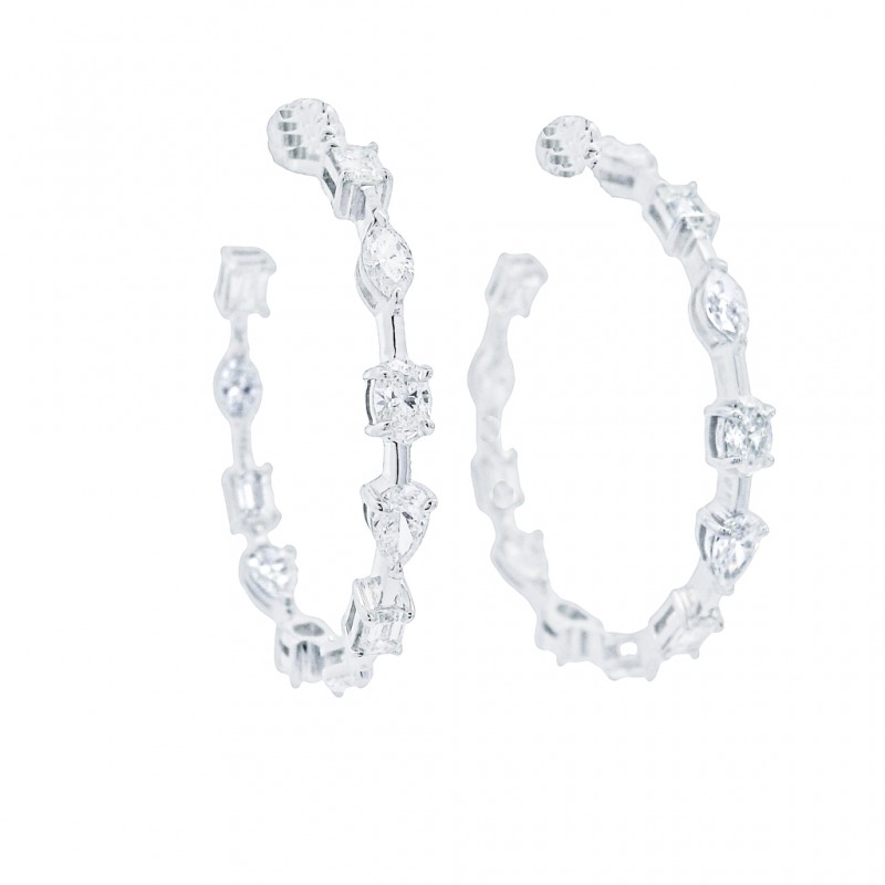 18k White Gold Mixed Diamond Shape Hoop Earrings