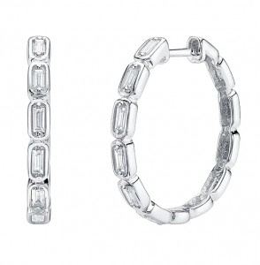 14k White Gold & Baguette Diamond Hoop Earrings