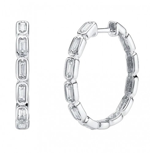 14k White Gold & Baguette Diamond Hoop Earrings