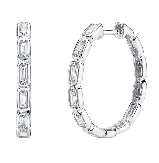 14k White Gold & Baguette Diamond Hoop Earrings