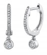 14k White Gold & Diamond Huggie Earrings with Bezel Set Diamond Dangle