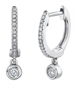 14k White Gold & Diamond Huggie Earrings with Bezel Set Diamond Dangle