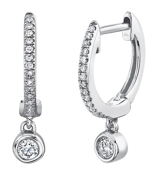 14k White Gold & Diamond Huggie Earrings with Bezel Set Diamond Dangle