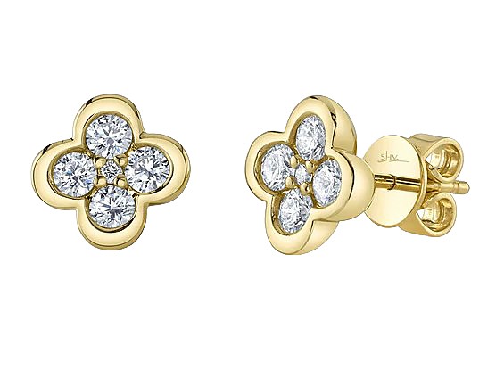 14k Yellow Gold & Diamond Clover Stud Earrings