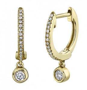 14k Yellow Gold & Diamond Huggie Earrings with Bezel Set Diamond Dangle