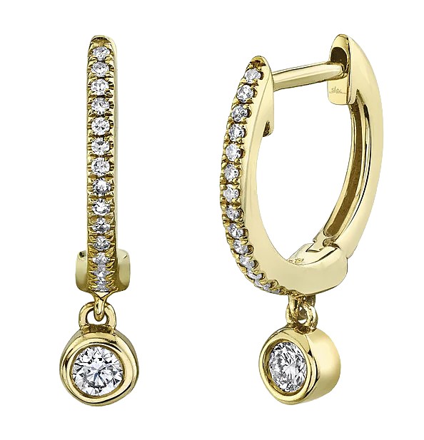 14k Yellow Gold & Diamond Huggie Earrings with Bezel Set Diamond Dangle