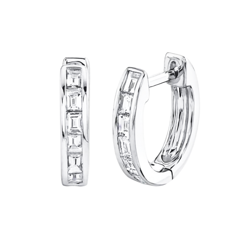 14k White Gold & Diamond Baguette Huggie Hoop Earrings