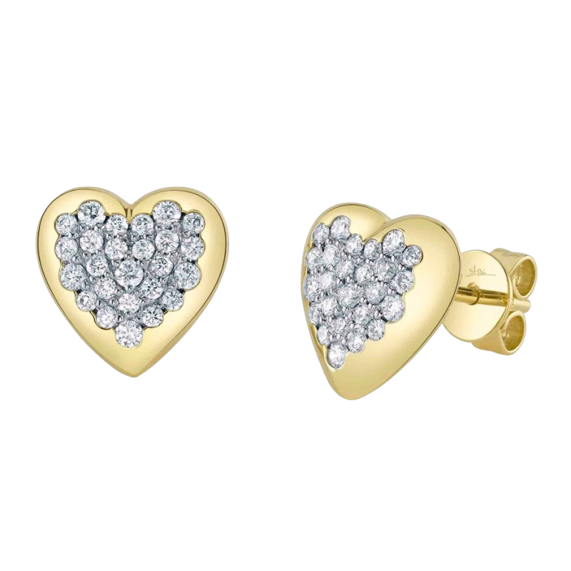 14k Yellow Gold & Diamond Heart Stud Earrings