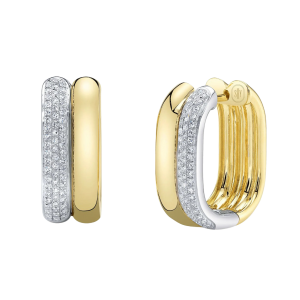 14k Yellow & White Gold Oval Hoop Earrings with Pave Diamonds