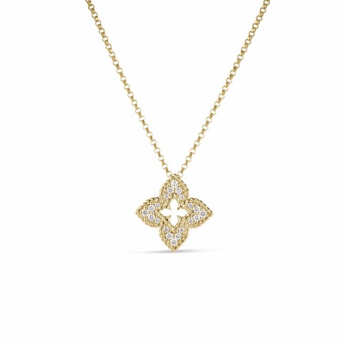 Roberto Coin Yellow Gold Ventian Princess Small Diamond Pave Flower Necklace