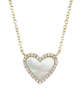 14k Yellow Gold, Diamond & Mother of Pearl Heart Necklace.