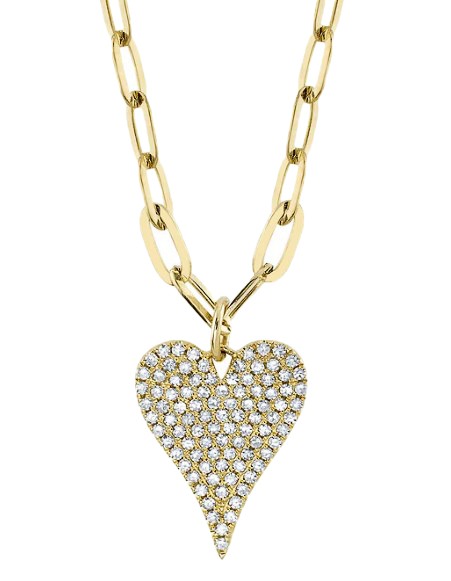 14k Yellow Gold & Pave Diamond Heart Paper Clip Link Necklace