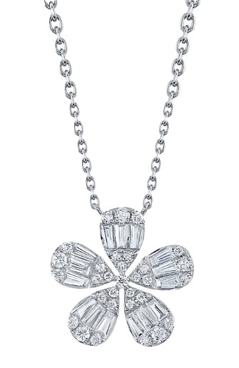 14k White Gold & Diamond Baguette Flower Pendant